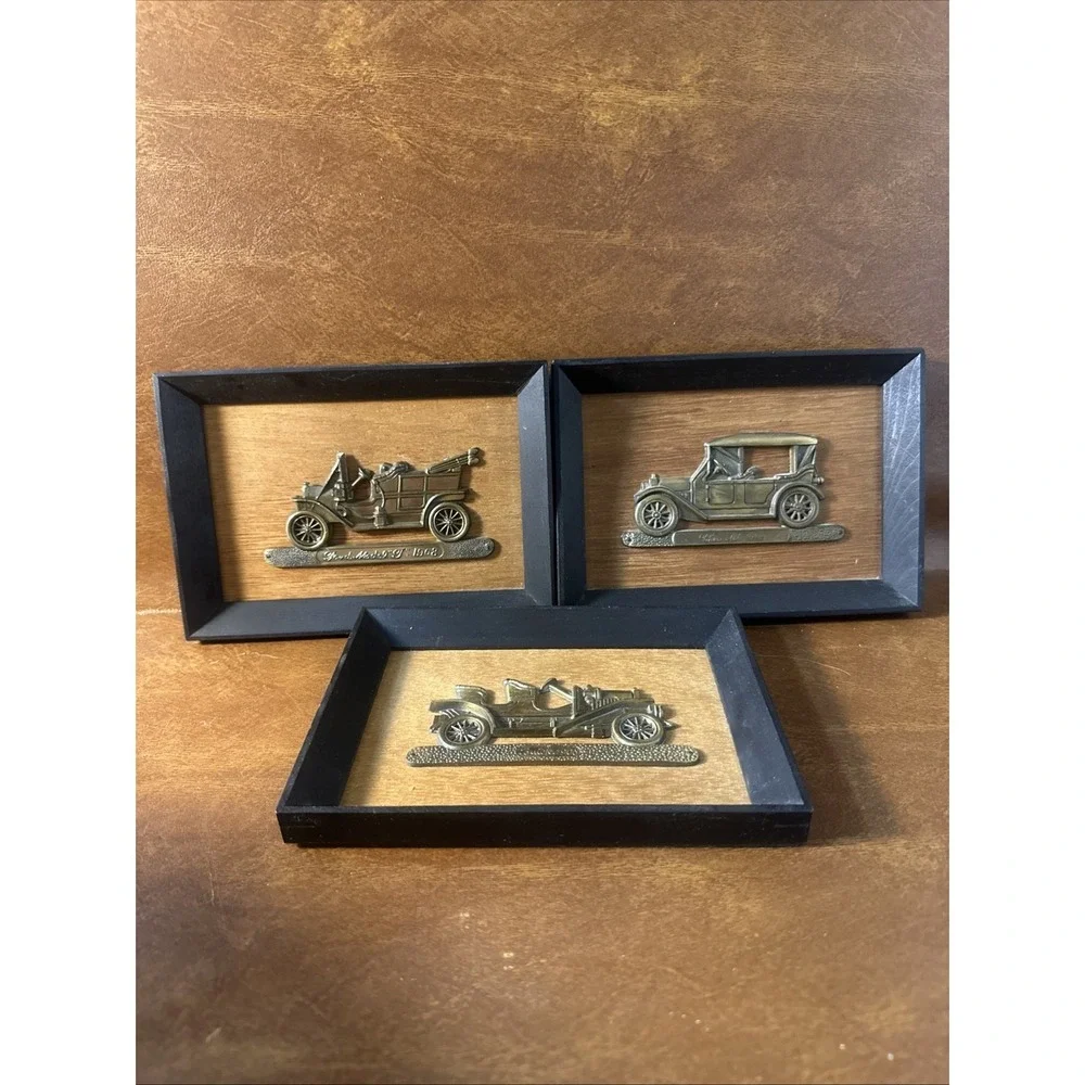 Vintage Brass Antique Cars Mounted on Wood Wall Hangings Japan 5